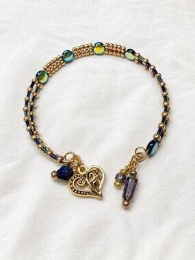 REIMAGINED Blue Purple AB Glass Bead Memory Wire Cuff Bracelet Heart Charm NWT